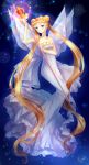  1girl bare_shoulders bishoujo_senshi_sailor_moon blonde_hair blue_background blue_eyes bow double_bun dress highres kaminary long_hair neo_queen_serenity signature smile solo spiral_heart_moon_rod staff strapless_dress tiara tsukino_usagi twintails white_dress 