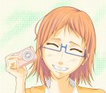  1girl akemi_mikan camera closed_eyes glasses grin jitsu_wa_watashi_wa orange_hair portrait semi-rimless_glasses smile solo vela 