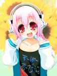  1girl blush headphones kouki_kuu long_hair looking_at_viewer nitroplus open_mouth oversized_clothes pink_hair red_eyes smile solo super_sonico younger 