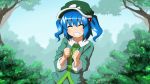  1girl blue_hair clenched_hands closed_eyes grin hair_bobbles hair_ornament hat kawashiro_nitori ryuu_(multitask) short_hair smile solo touhou twintails 