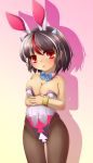  1girl adapted_costume animal_ears black_hair bowtie breasts bunnysuit cleavage detached_collar highres horns kakiikada kijin_seija multicolored_hair pantyhose rabbit_ears short_hair streaked_hair tears touhou two-tone_hair wrist_cuffs 