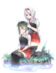  2girls absurdres adjusting_hair boots brown_eyes closed_eyes grey_hair hair_ribbon hakama_skirt headband highres japanese_clothes kantai_collection kneeling long_hair multiple_girls muneate pleated_skirt red_skirt ribbon shoukaku_(kantai_collection) silver_hair simple_background sitting skirt thigh-highs thigh_boots twintails white_background white_ribbon yorughi zuikaku_(kantai_collection) 