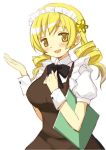  1girl blonde_hair brown_dress dress drill_hair employee_uniform hair_ornament long_hair looking_at_viewer mahou_shoujo_madoka_magica maid_headdress menu open_mouth smile solo tomoe_mami tsubaki_(tatajd) twin_drills uniform waitress wrist_cuffs yellow_eyes 