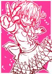  &gt;:d 1girl :d \||/ blush_stickers bowtie directional_arrow dress evil_grin evil_smile foreshortening grin horns kijin_seija monochrome open_mouth outstretched_arms sharp_teeth short_hair smile solo tanakara touhou tsurime 
