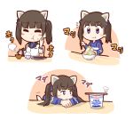  1girl :3 animal_ears bangs black_hair blue_eyes blunt_bangs blush_stickers bowl cat_ears cheek_bulge chopsticks eating erua fish food georgette_lemare hair_ribbon hand_on_own_face holding hoodie jacket long_hair long_sleeves military military_uniform noodles plate ribbon rice simple_background solo steam strike_witches twintails uniform white_background 