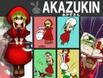  1girl akazukin_(akazukin_ds) akazukin_darkside axe bangs blonde_hair blood blush blush_stickers book boots bracket character_name commentary_request empty_eyes final_smash flower flying_sweatdrops glowing glowing_eyes green_eyes highres holding hood looking_at_viewer outline parody payot pointing rabbit rock shadow shan_grila silhouette super_smash_bros. symbol weapon wince wine_bottle yoshi zoom_layer 