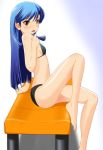  1girl araragi_yuuichi barefoot bench bikini blue_hair brown_eyes feet highres idolmaster kisaragi_chihaya long_hair revision sitting solo swimsuit 
