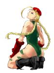  1girl 80yakky ass bare_shoulders blonde_hair blue_eyes bodypaint boots braid cammy_white camouflage from_behind gloves halterneck knee_boots kneeling leotard long_hair looking_at_viewer street_fighter twin_braids 