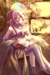  1girl angel_wings asymmetrical_legwear breasts crossed_legs cup feathers gloves halo highres jibril_(no_game_no_life) large_breasts long_hair looking_at_viewer low_wings midriff multicolored_hair navel no_game_no_life pink_hair sitting smile solo symbol-shaped_pupils white_wings window wings yellow_eyes 