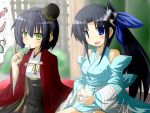  2girls bare_shoulders black_hair blue_eyes character_request cup dango eating food gomasamune hair_ornament hair_ribbon japanese_clothes kimono long_hair looking_at_viewer minakuchi_(oshiro_collection) multiple_girls open_mouth oshiro_collection ribbon short_hair shuriken side_ponytail smile steam tea wagashi wide_sleeves yellow_eyes 