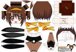  1girl :d animal_ears artist_name blush bowtie breasts brown_hair bunny_tail bunnysuit character_name chibi detached_collar el_joey fishnet_pantyhose fishnets hair_ribbon highres open_mouth orange_eyes pantyhose paper_cut-out papercraft rabbit_ears ribbon smile solo suzumiya_haruhi suzumiya_haruhi_no_yuuutsu tail watermark web_address wrist_cuffs 