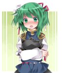  1girl alternate_hairstyle blush commentary_request green_eyes green_hair hair_ribbon hammer_(sunset_beach) hat hat_removed headwear_removed looking_at_viewer open_mouth ribbon shiki_eiki short_hair short_twintails solo touhou twintails 