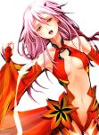  1girl banana_imo bare_shoulders black_legwear breasts center_opening cleavage detached_sleeves elbow_gloves fingerless_gloves gloves guilty_crown hair_ornament hairclip long_hair looking_at_viewer navel pink_hair red_eyes solo thigh-highs twintails yuzuriha_inori 