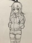  1girl :t casual eu03 flat_chest hands_in_pockets hoodie kantai_collection long_hair pout scan shimakaze_(kantai_collection) shorts sketch solo striped striped_legwear 