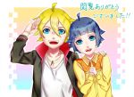  1boy 1girl ahoge arm_around_shoulder black_hair blue_eyes brother_and_sister facial_mark hands_clasped jacket jewelry looking_at_viewer naruto necklace open_mouth salute short_hair siblings smile tetta_(tetta03) uzumaki_boruto uzumaki_himawari 