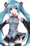  1girl aqua_eyes aqua_hair detached_sleeves hatsune_miku headset long_hair necktie open_mouth simple_background skirt solo thigh-highs twintails very_long_hair vocaloid white_background 