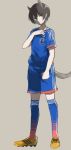  1girl animal_ears character_request cleats shirono_kuma short_hair shorts soccer_uniform socks solo sportswear strike_witches tail 