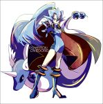  1girl blue_eyes blue_gloves blue_hair boots cape domu_(hamadura) dragonair earrings gloves gym_leader hair_between_eyes high_heel_boots high_heels high_ponytail ibuki_(pokemon) jewelry long_hair outstretched_arm pokemon pokemon_(creature) pokemon_(game) pokemon_hgss unitard 