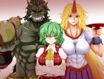  1boy 2girls abs ascot beard black_hair blonde_hair breasts covered_navel crossed_arms cuffs demon_boy eyebrows facial_hair fangs gourd green_hair grey_skin grin hand_on_hip highres horns hoshiguma_yuugi kazami_yuuka large_breasts long_hair multiple_girls oni parted_lips plaid plaid_vest red_eyes sakazuki shackles shirtless short_hair skirt smile thick_eyebrows touhou vest yagami_(mukage) 