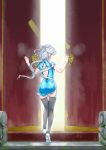  1girl blue_eyes china_dress chinese_clothes dongqing_zaozigao highres long_hair looking_at_viewer looking_back luo_tianyi silver_hair solo thigh-highs vocaloid 