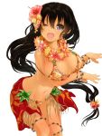 1girl beads bikini black_eyes black_hair blush breasts cleavage dancing female floral_print flower hair_flower hair_ornament hibiscus highres large_breasts long_hair looking_at_viewer mizubachi navel one_eye_closed open_mouth original simple_background smile solo swimsuit white_background 