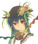  1girl blue_hair bowtie face food fruit hat hinanawi_tenshi long_hair looking_at_viewer misti peach red_eyes solo touhou white_background 