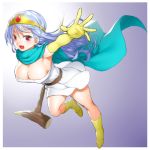  1girl :d armpits blue_hair blush boots breasts cape cleavage dragon_quest dragon_quest_iii dress elbow_gloves gloves large_breasts onsoku_maru open_mouth red_eyes sage_(dq3) smile solo staff tiara 