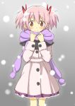  1girl blush hair_ribbon heavy_breathing jacket kaname_madoka mahou_shoujo_madoka_magica pink_eyes pink_hair ribbon scarf smile snowing solo tsubaki_(tatajd) twintails 