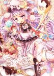  1girl boots bow candy cookie crescent dress food food_on_face fork heart heart-shaped_pupils ice_cream_cone in_bowl in_container knife leg_ribbon lollipop long_hair mob_cap patchouli_knowledge purple_dress purple_hair sitting solo striped striped_dress symbol-shaped_pupils touhou ukita_uuko very_long_hair violet_eyes 