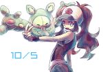  1girl baseball_cap blue_eyes brown_hair cowboy_shot dated denim denim_shorts domu_(hamadura) hat high_ponytail long_hair looking_at_viewer open_mouth pokemon pokemon_(creature) pokemon_(game) pokemon_bw reuniclus shirt shorts sleeveless sleeveless_shirt touko_(pokemon) v vest white_background white_shirt wristband 