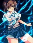  1girl biribiri brown_eyes brown_hair electricity highres misaka_mikoto nekominase school_uniform short_hair shorts to_aru_kagaku_no_railgun to_aru_majutsu_no_index 