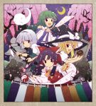  4girls :&lt; ascot bare_shoulders blonde_hair blush_stickers border bow braid cherry_blossoms crescent_moon detached_sleeves frills frog ghost gohei grave green_hair hair_bow hair_ornament hair_tubes hakurei_reimu hat hat_bow highres hitodama kirisame_marisa kochiya_sanae konpaku_youmu konpaku_youmu_(ghost) long_hair mini-hakkero moon multiple_girls ofuda open_mouth purple_hair revision scabbard sheath silver_hair skirt sotoba stone_lantern sword tanpinsansyoku ten_desires tombstone touhou tree weapon 