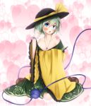  1girl alternate_hair_length alternate_hairstyle bare_shoulders black_hat blue_eyes clothes_down floral_print green_skirt hat hat_ribbon komeiji_koishi looking_at_viewer open_mouth ribbon rok_(guitar0706) short_hair sitting skirt solo touhou undressing wariza wide_sleeves yellow_shirt 