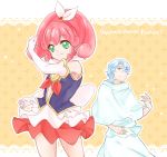  1boy 1girl blue_(happinesscharge_precure!) blue_eyes blue_hair brooch copyright_name cure_mirage earrings elbow_gloves gloves green_eyes hair_ribbon happinesscharge_precure! highres jewelry magical_girl pink_hair precure queen_mirage red_skirt ribbon robe shipu_(gassyumaron) short_hair skirt smile spoilers white_gloves yellow_background 
