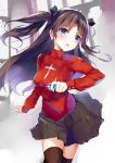  1girl black_legwear blue_eyes brown_hair fate/stay_night fate_(series) hair_ribbon henet_hene jewelry long_hair long_sleeves pleated_skirt ribbon skirt solo sparkle sweater thigh-highs tohsaka_rin toosaka_rin twintails two_side_up 