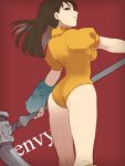  1girl ass bodysuit breasts brown_hair diane_(nanatsu_no_taizai) english fingerless_gloves from_behind gloves grin hammer long_hair looking_back nanatsu_no_taizai nuku puffy_sleeves red_background simple_background single_glove smile solo violet_eyes weapon 