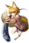  1girl animal_ears barefoot blonde_hair blue_eyes fox_ears fox_tail highres huge_weapon jaco looking_at_viewer original short_hair simple_background solo tail weapon white_background 