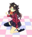  1girl animal_ears black_hair blue_eyes cat_ears fate/stay_night fate_(series) food_in_mouth long_hair mitchlin mouth_hold solo thigh-highs toast toast_in_mouth tohsaka_rin toosaka_rin two_side_up 