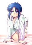  1girl blue_eyes blue_hair blush ciel kneeling naked_shirt shirt short_hair smile solo tsukihime urako 