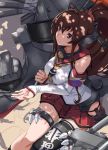  1girl breasts brown_eyes brown_hair cherry_blossoms dappled_sunlight detached_sleeves kantai_collection long_hair looking_up machinery petals ponytail single_thighhigh sitting skirt solo thigh-highs thigh_strap tsuuhan turret very_long_hair yamato_(kantai_collection) 
