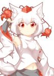  1girl :&lt; animal_ears armpits bare_shoulders blush breasts detached_sleeves hat highres inubashiri_momiji looking_at_viewer midriff navel open_mouth pom_pom_(clothes) psychopath_idiot red_eyes sarashi short_hair silver_hair simple_background solo sword sword_behind_back tail tokin_hat touhou weapon white_background wolf_ears wolf_tail 