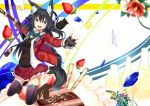  1girl animal_ears black_hair blue_eyes blush boots cake fingerless_gloves food fox_ears fox_tail fruit gloves haik happy_birthday highres jewelry katana kneeling long_hair looking_at_viewer necklace open_mouth original sheath smile solo strawberry sword tail thigh-highs weapon 