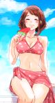  1girl bikini boku_no_hero_academia brown_hair closed_eyes eating food fruit pareo pink_sarong sarong short_hair sinnpatilove solo swimsuit uraraka_ochako watermelon 