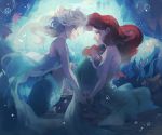  2girls ariel_(disney) bare_shoulders bikini_top blue blurry braid cape company_connection crossover depth_of_field elsa_(frozen) from_side frozen_(disney) half-closed_eyes hiphip_hurray holding_hands long_hair looking_at_another mermaid monster_girl multiple_girls parted_lips platinum_blonde redhead single_braid smile the_little_mermaid underwater 