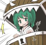  1girl blush box green_eyes green_hair grin in_box in_container jagabutter kisume looking_at_viewer mimic_chest sharp_teeth smile solo touhou two_side_up 