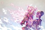  1girl blurry dark_skin depth_of_field flame flaming_hair holding_hands horns interlocked_fingers long_hair looking_at_viewer monster_girl oni original pink_eyes skeleton smile white_hair youkai zounose 