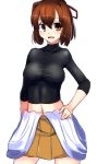  1girl brown_eyes brown_hair hair_in_mouth hair_ribbon hand_on_hip impossible_clothes impossible_shirt ise_(kantai_collection) kantai_collection long_hair looking_at_viewer navel off_shoulder open_mouth ribbon skirt smile solo tenken_(gotannda) turtleneck 