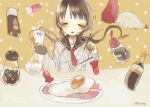  bacon breakfast brown_hair cardigan chopsticks drooling food fried_egg glass meisa milk original polka_dot polka_dot_background sausage school_uniform serafuku simple_background sitting sleepy soy_sauce twintails 