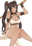  1girl arm_support armlet bare_shoulders blush breasts brown_eyes brown_hair cleavage cleavage_cutout dark_skin egyptian_mythology fingerless_gloves gloves highres long_hair looking_at_viewer nekhbet original polearm ricci sitting solo weapon white_background 