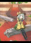  1girl akagashi_hagane black_hat black_legwear floral_print green_eyes green_hair green_skirt hands_on_knees hat hat_ribbon indoors komeiji_koishi long_sleeves looking_at_viewer pillar ribbon sitting skirt smile solo stairs touhou wide_sleeves yellow_shirt 